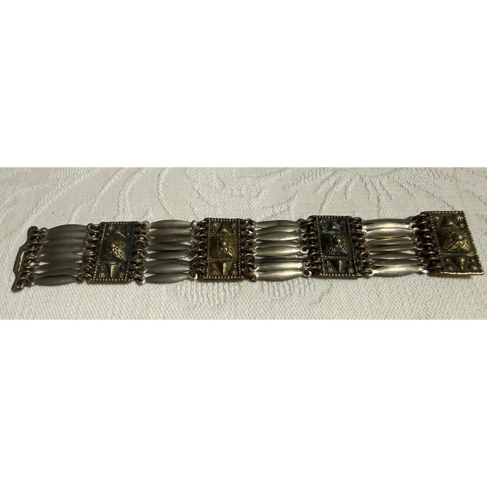 Vintage Mexico Silver Wide 7 1/2" Multi LAYER Panel Link BRACELET AZTEC #1